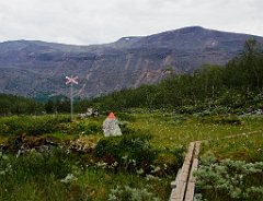 Hier gab es auch wieder Pilze.  Wir holten kurz vor der Hütte die beiden Schweden ein, Lena und Steffan, die nicht so lange Mittag gemacht hatten.  Aber auch ein deutsches Pärchen überholten wir, und sie sagten uns, dass die Hütte seit diesem Jahr eine Sauna hat. Toma war schon zu weit vorne, ich ließ es nun sehr langsam angehen und fand zur Belohnung noch zwei schöne Birkenpilze. Das deutsche Pärchen hatte auch große Birkenpilze gefunden, aber für uns die kleinen knackigen stehen gelassen.